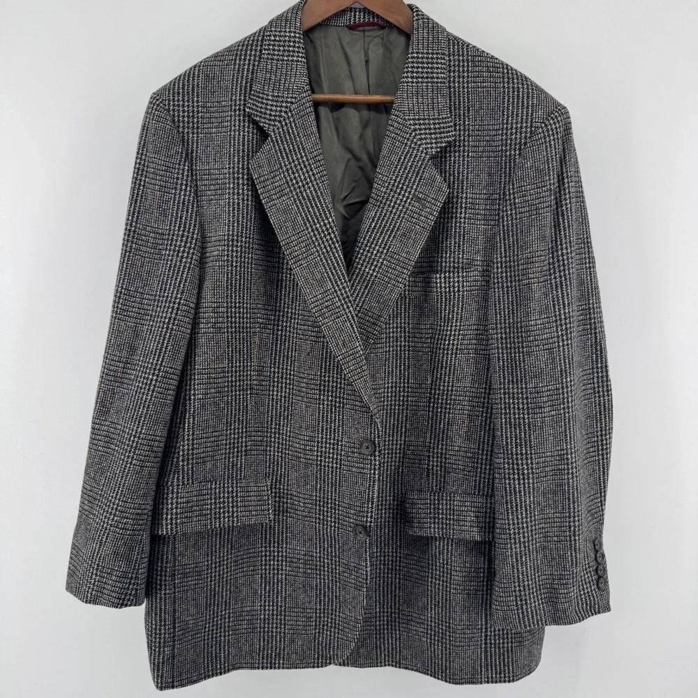 Hart Schaffner Marx Blazer Mens 48S Grey Glen Plaid Pure Virgin Wool Sport Coat